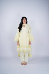 Schiffli Butter Yellow Suit Set with Eyelet Cutwork