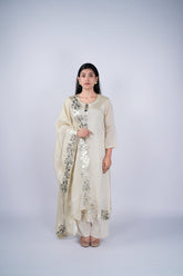 Ivory Gold Tissue Chanderi Suit Set with Gota Leaf Patchwork