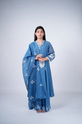 Dusty Blue Mul Chanderi Suit Set with Ivory Floral Threadwork
