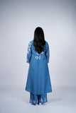 Dusty Blue Mul Chanderi Suit Set with Ivory Floral Threadwork
