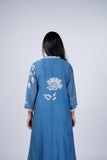 Dusty Blue Mul Chanderi Suit Set with Ivory Floral Threadwork