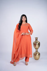 Burnt Orange Mul Chanderi Suit Set with Gold Zardozi Embroidery
