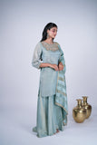 Tissue Silk Sharara Suit Set with Embroidered Yoke & Striped Dupatta