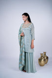 Tissue Silk Sharara Suit Set with Embroidered Yoke & Striped Dupatta