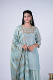 Tissue Silk Sharara Suit Set with Embroidered Yoke & Striped Dupatta