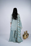 Tissue Silk Sharara Suit Set with Embroidered Yoke & Striped Dupatta