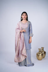 Tissue Silk Sharara Suit Set with Pintucked Yoke & Banarasi Dupatta