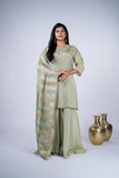 Tissue Silk Sharara Suit Set with Embroidered Yoke & Striped Dupatta