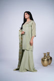 Tissue Silk Sharara Suit Set with Embroidered Yoke & Striped Dupatta