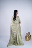 Tissue Silk Sharara Suit Set with Embroidered Yoke & Striped Dupatta