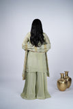 Tissue Silk Sharara Suit Set with Embroidered Yoke & Striped Dupatta