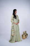 Tissue Silk Sharara Suit Set with Embroidered Yoke & Striped Dupatta