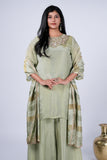 Tissue Silk Sharara Suit Set with Embroidered Yoke & Striped Dupatta