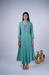Teal Blue Chanderi Anarkali Suit Set With Floral Butti
