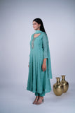 Teal Blue Chanderi Anarkali Suit Set With Floral Butti