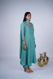 Teal Blue Chanderi Anarkali Suit Set With Floral Butti