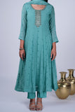 Teal Blue Chanderi Anarkali Suit Set With Floral Butti