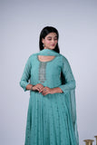 Teal Blue Chanderi Anarkali Suit Set With Floral Butti