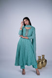 Teal Blue Chanderi Anarkali Suit Set With Floral Butti