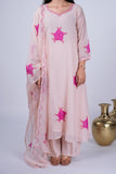 Mul Chanderi Suit Set with Fuchsia Rose Appliqué & Organza Dupatta