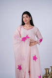 Mul Chanderi Suit Set with Fuchsia Rose Appliqué & Organza Dupatta