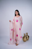 Mul Chanderi Suit Set with Fuchsia Rose Appliqué & Organza Dupatta