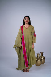Mul Chanderi Anarkali Suit Set with Floral Appliqué