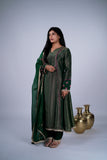 Tissue Anarkali Suit Set with Appliqué Dupatta & Gold Fringe Lace
