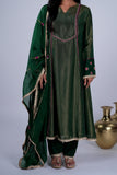 Tissue Anarkali Suit Set with Appliqué Dupatta & Gold Fringe Lace