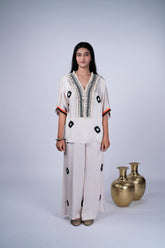 Ivory Crepe Co-ord Set with Bandhani-Print, Cowrie Shell Yoke & Palazzo