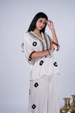 Ivory Crepe Co-ord Set with Bandhani-Print, Cowrie Shell Yoke & Palazzo