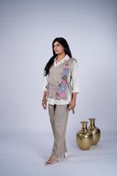 Linen Co-ord Set with Floral Embroidered Side-Tie Vest