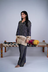 Midnight Farshi Salwar Suit Set with Sequin Motifs & Metallic Fringes