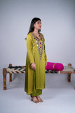 Olive Green Mirror Work Kurta Set with Pink Accents