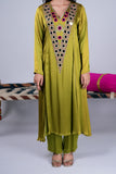 Olive Green Mirror Work Kurta Set with Pink Accents