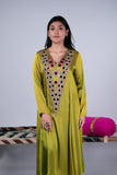 Olive Green Mirror Work Kurta Set with Pink Accents