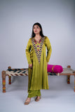 Olive Green Mirror Work Kurta Set with Pink Accents