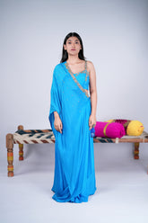 Cerulean Blue Indo-Western Set with Mirror Work Drape