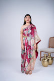 Maroon Floral Indo-Western Gown with Mirror Work