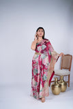 Maroon Floral Indo-Western Gown with Mirror Work