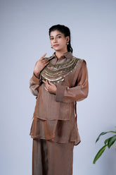 Metallic Layered Co-ord Set with Statement Embellished Yoke