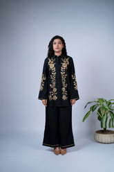 Black Embroidered Co-ord Set with Antique Gold Botanical & Bird Motifs