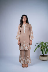 Sand Brown Co-ord Set with Ivory Cutwork Embroidery