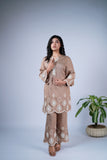 Sand Brown Co-ord Set with Ivory Cutwork Embroidery