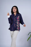 Linen Blue Embroidered Shirt with Contrast Cuffs