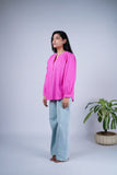 Cotton Shirt Top with Mandarin Collar & Balloon Sleeves