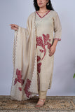 Floral Appliqué & Scalloped Natural Beige Suit Set