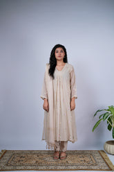 Beige Chanderi Suit Set with Rose Embroidery