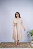 Beige Chanderi Suit Set with Rose Embroidery