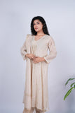 Beige Chanderi Suit Set with Rose Embroidery